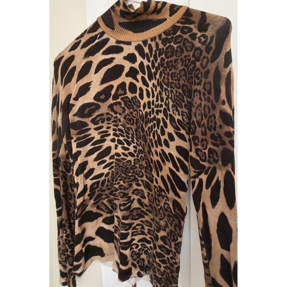Cache Leopard Print Mock Neck Long Sleeve Knit Top Brown Tan Small